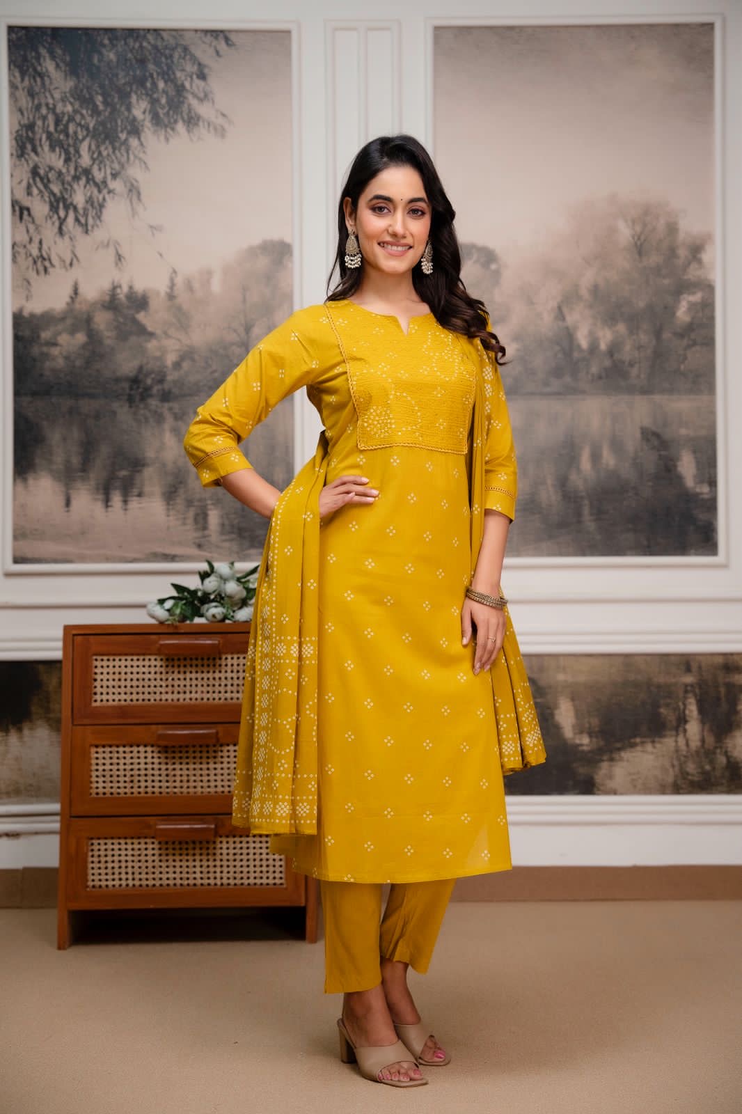 Mustard Bandhani Pure Cotton Kurta Set