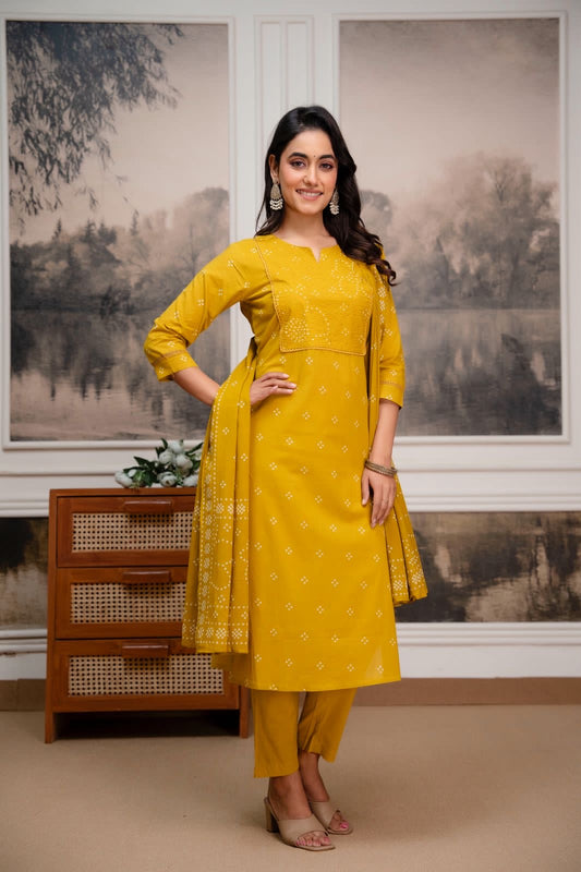 Mustard Bandhani Pure Cotton Kurta Set