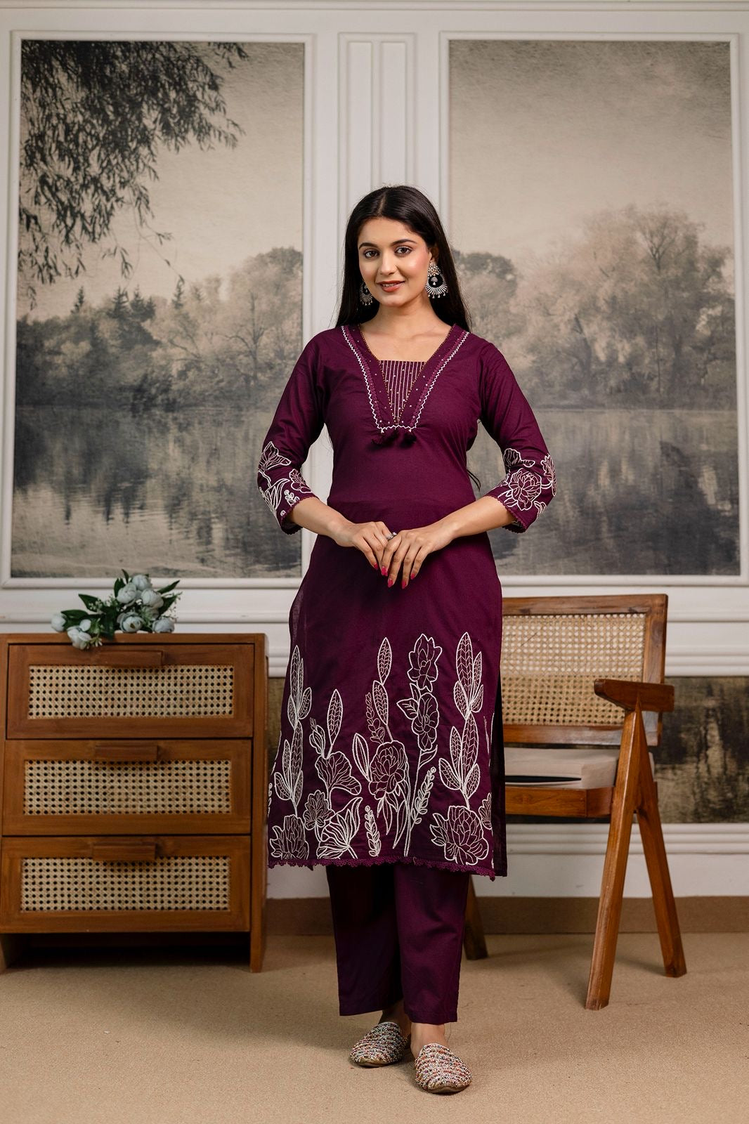 Wine Cotton Embroidered Kurta Set with Palazzo & Dupatta