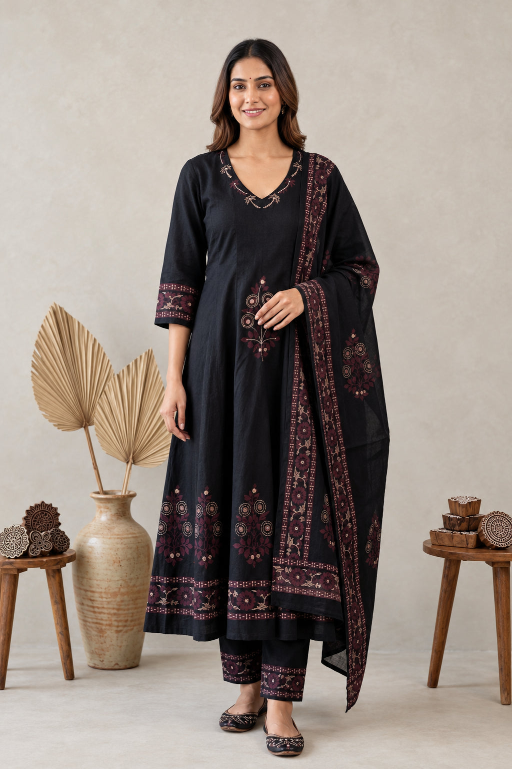 Black Handblock Printed Anarkali 3-Piece Set