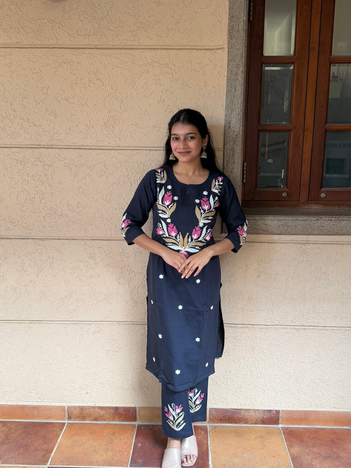 Navy Blue Floral Embroidered Kurta Set with Pants