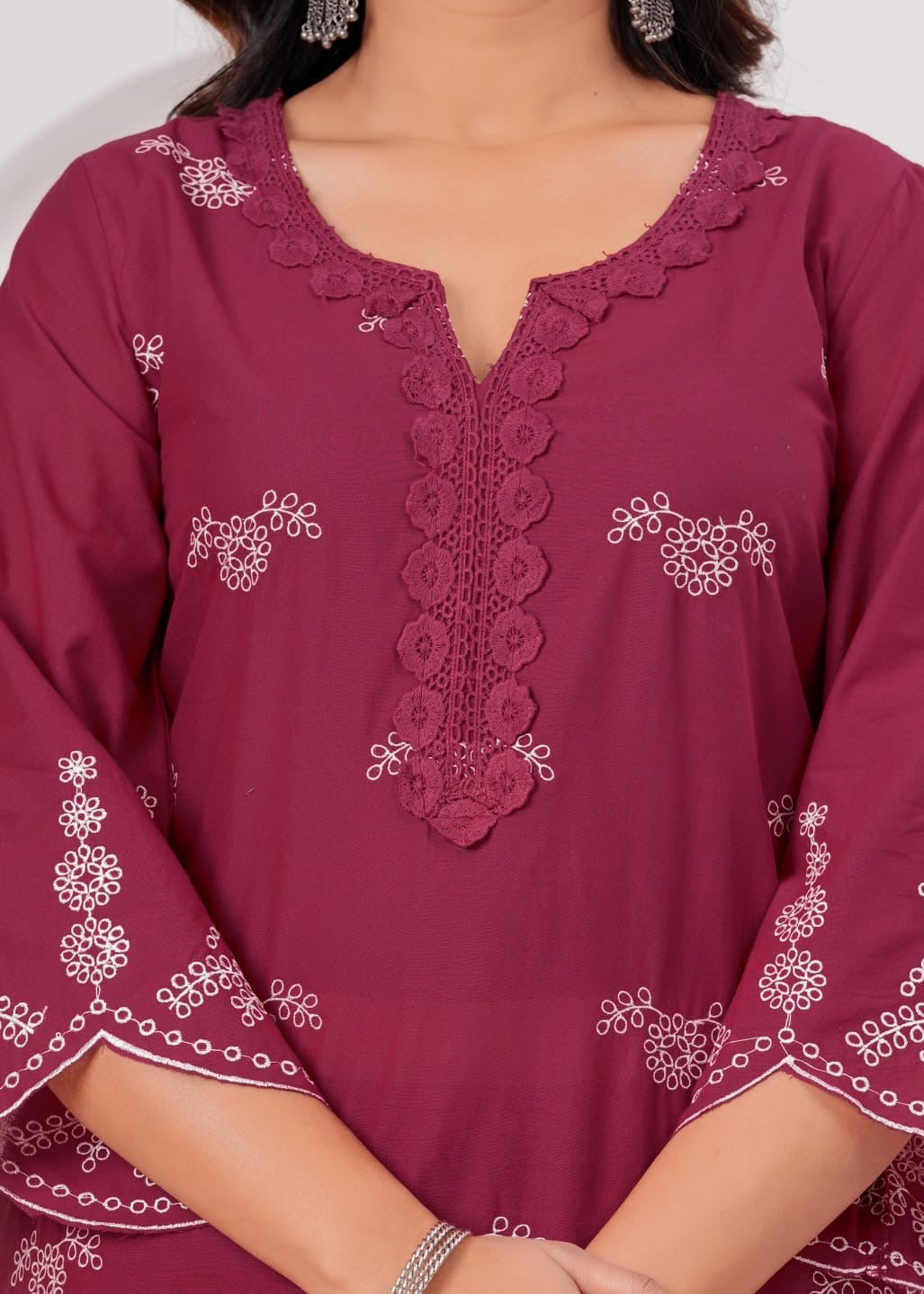 Wine Cotton Embroidered Kurta Set