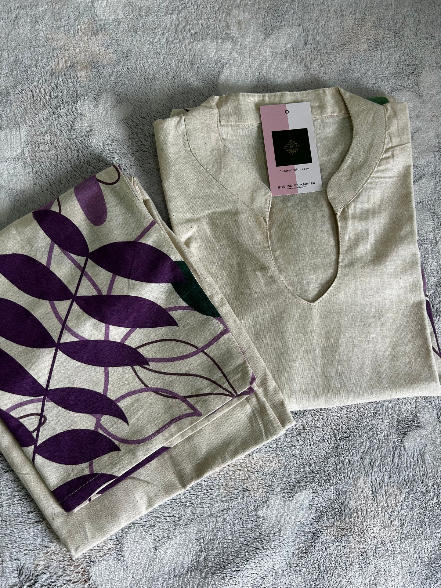 Ivory and purple Shade - Pure Khadi cotton co ord set