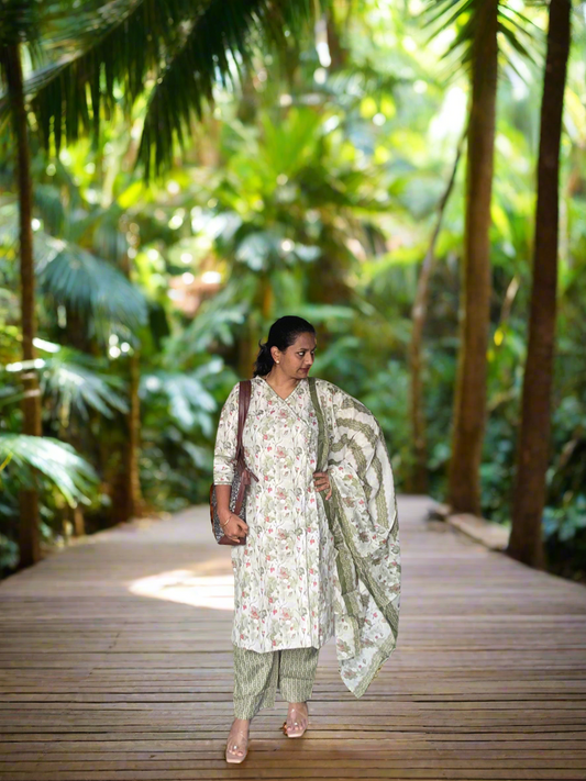 Olive Green Floral Cotton 3 Piece set
