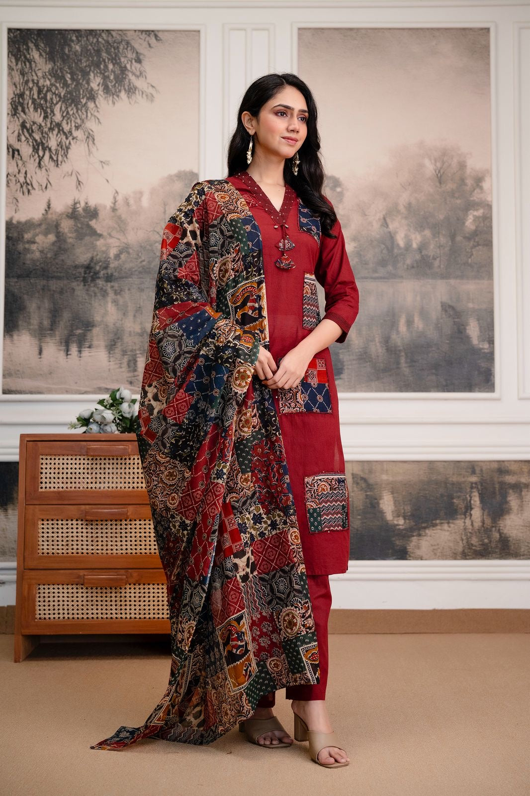 Maroon Patchwork Pure Cotton Kurta Set