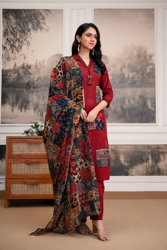 Maroon Patchwork Pure Cotton Kurta Set
