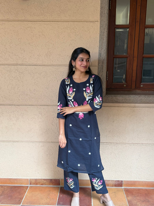 Navy Blue Floral Embroidered Kurta Set with Pants