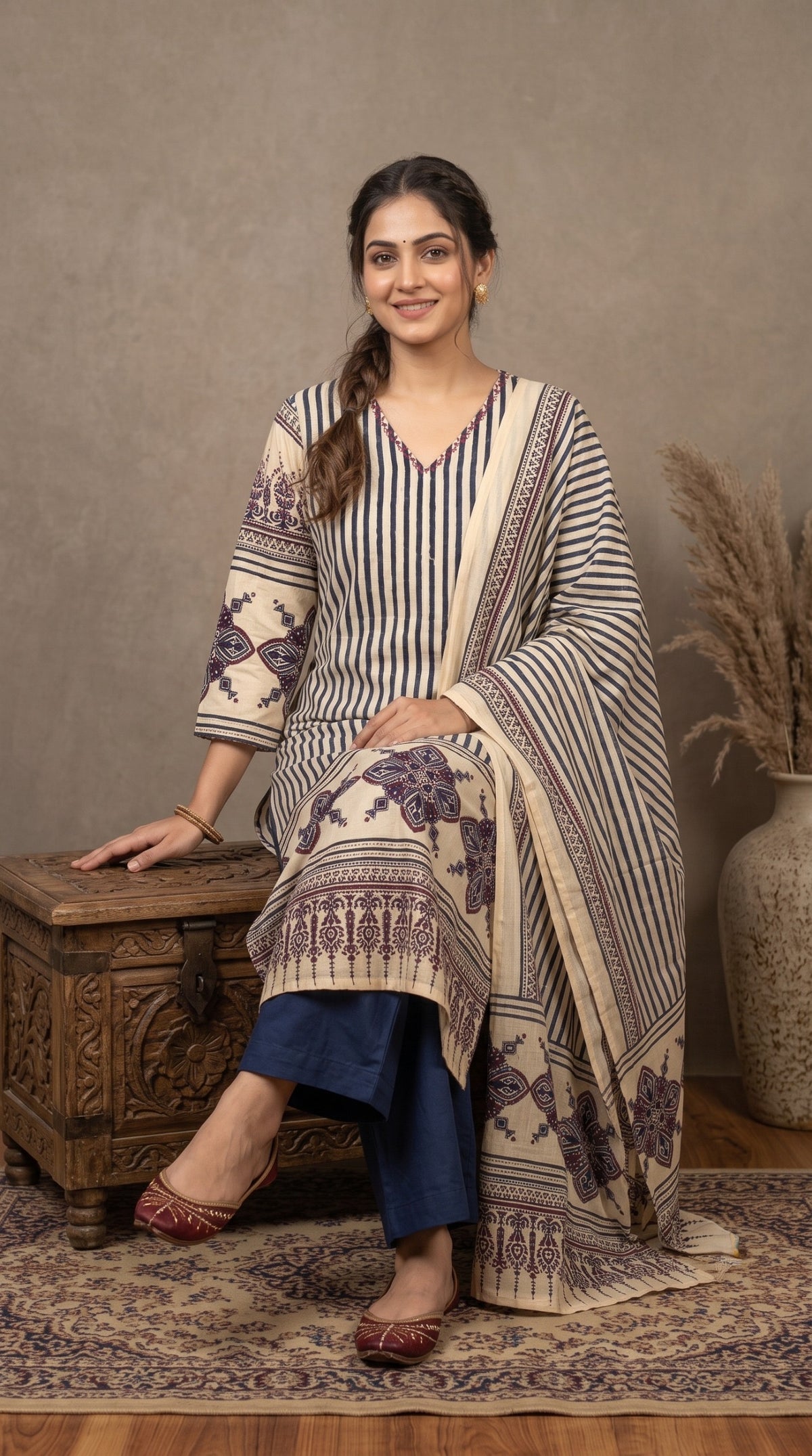 Indigo & Ivory Printed 3-Piece Kurta Set