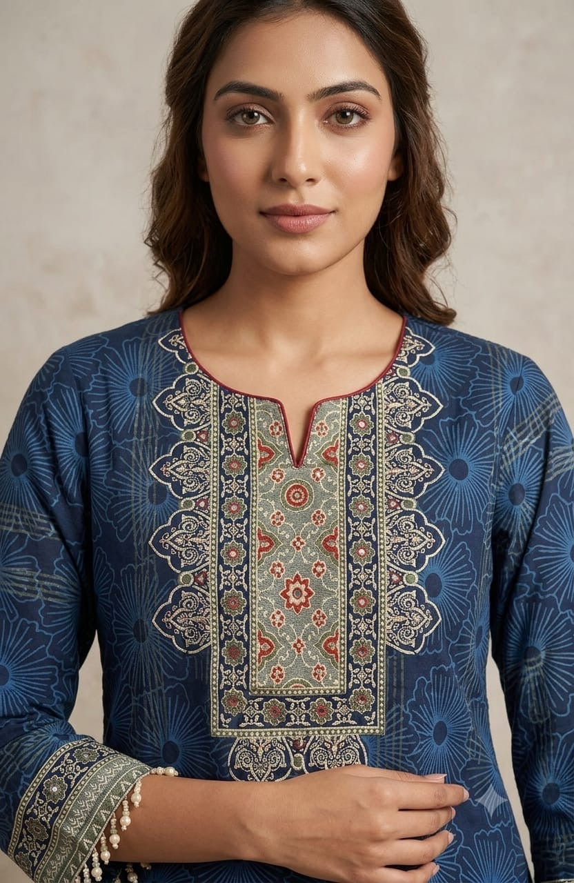 Teal Blue Printed Cotton Kurta Set with Pearl Sleeve Detailing