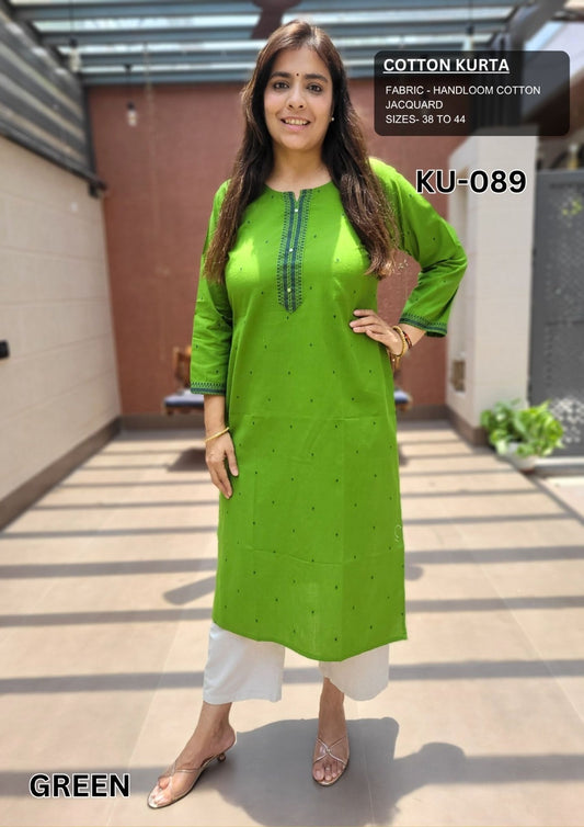 Leaf Green Handloom Cotton Jacquard Kurti