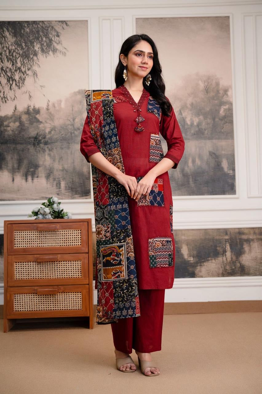 Maroon Patchwork Pure Cotton Kurta Set