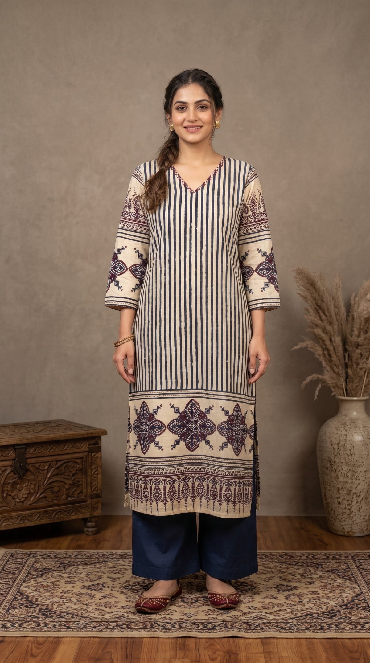 Indigo & Ivory Printed 3-Piece Kurta Set
