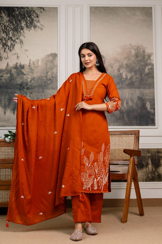 Rust Orange Cotton Embroidered Kurta Set with Palazzo & Duppatta