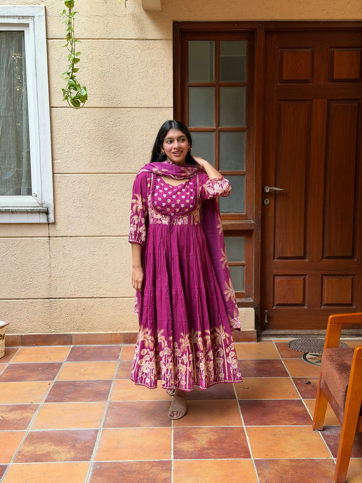 Magenta Printed Mul Cotton Anarkali 3-Piece Set