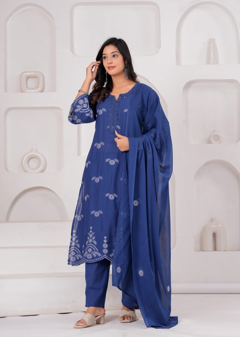 Royal Blue Cotton Embroidered Kurta Set