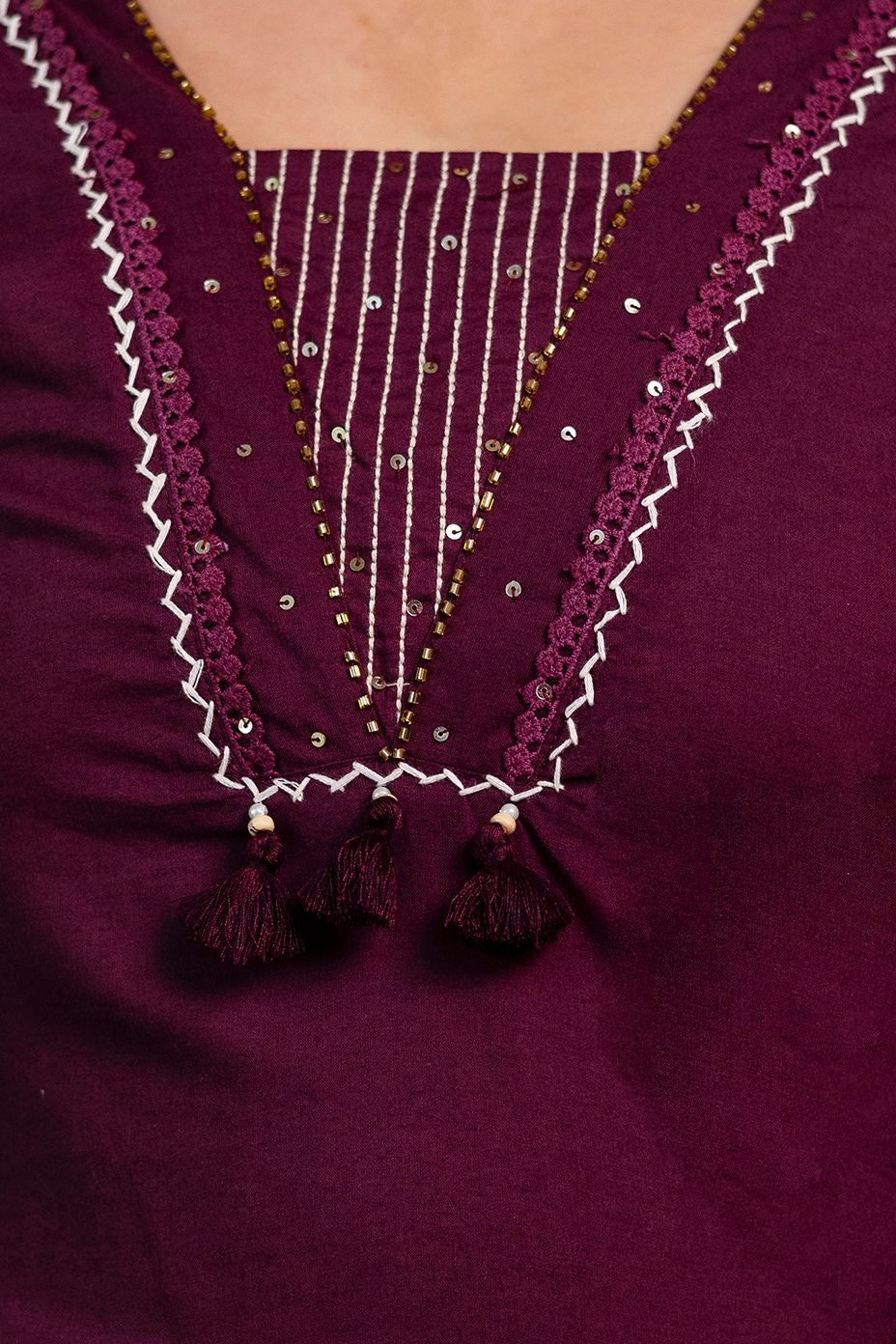 Wine Cotton Embroidered Kurta Set with Palazzo & Dupatta