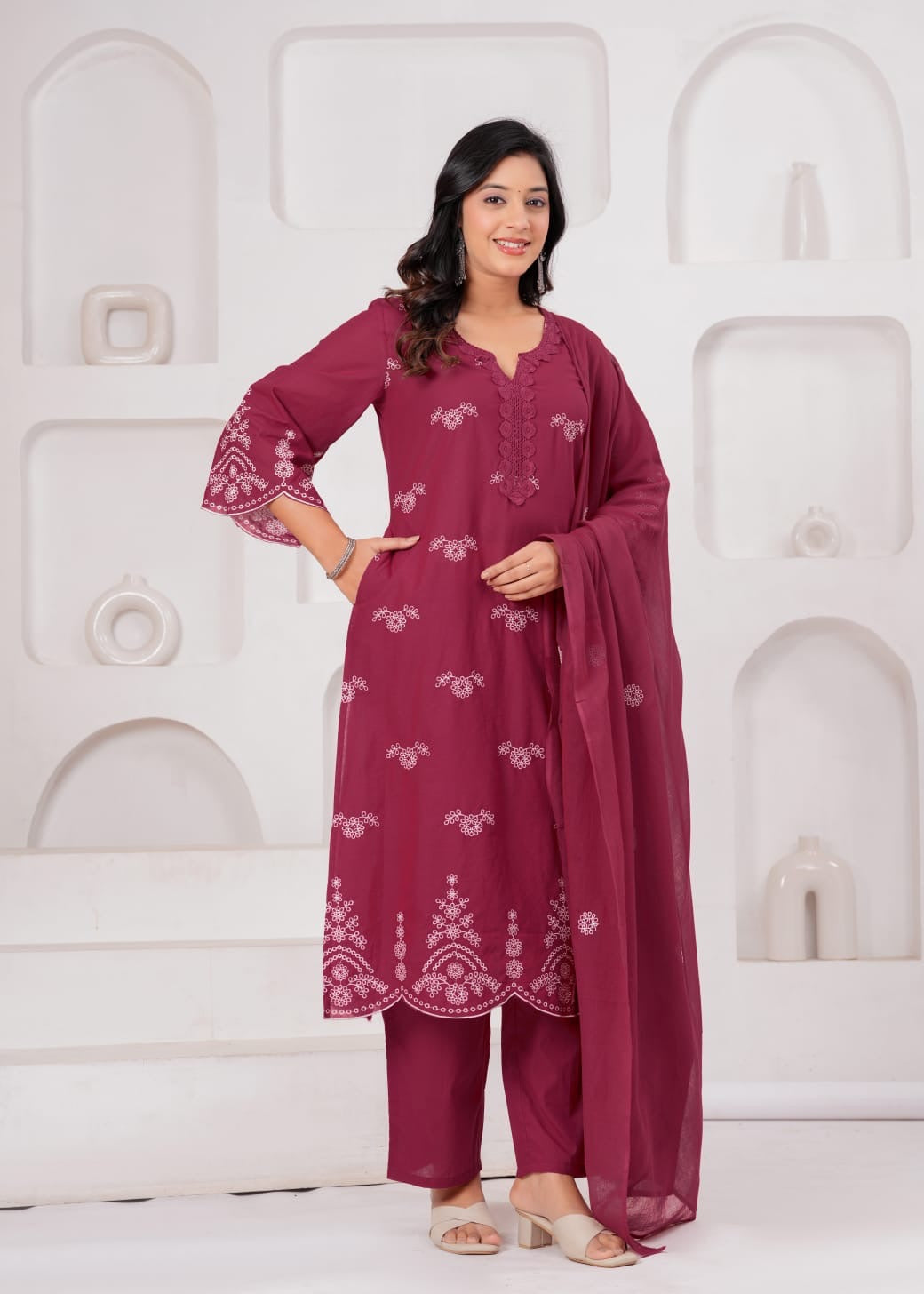 Wine Cotton Embroidered Kurta Set