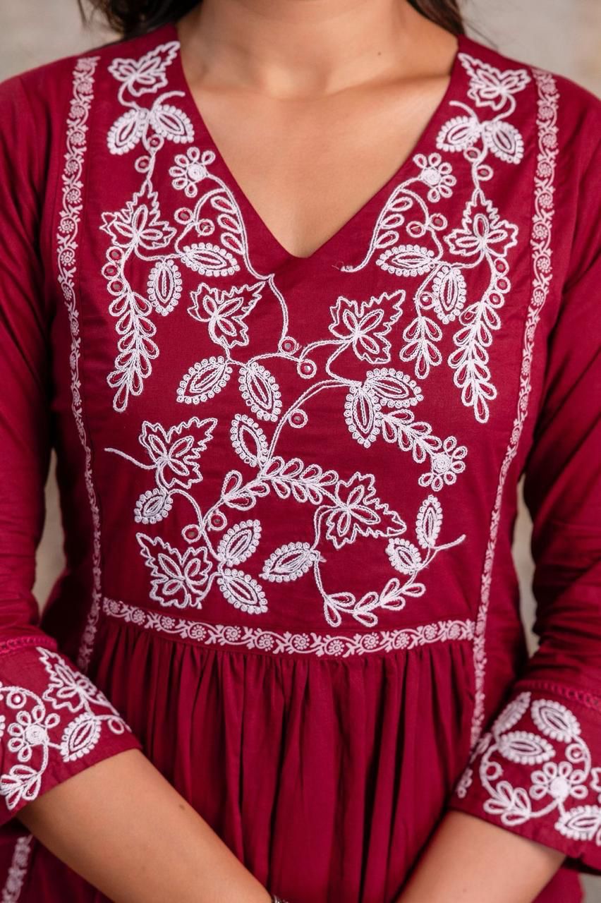 Wine Cotton Embroidered Flared Kurta Set