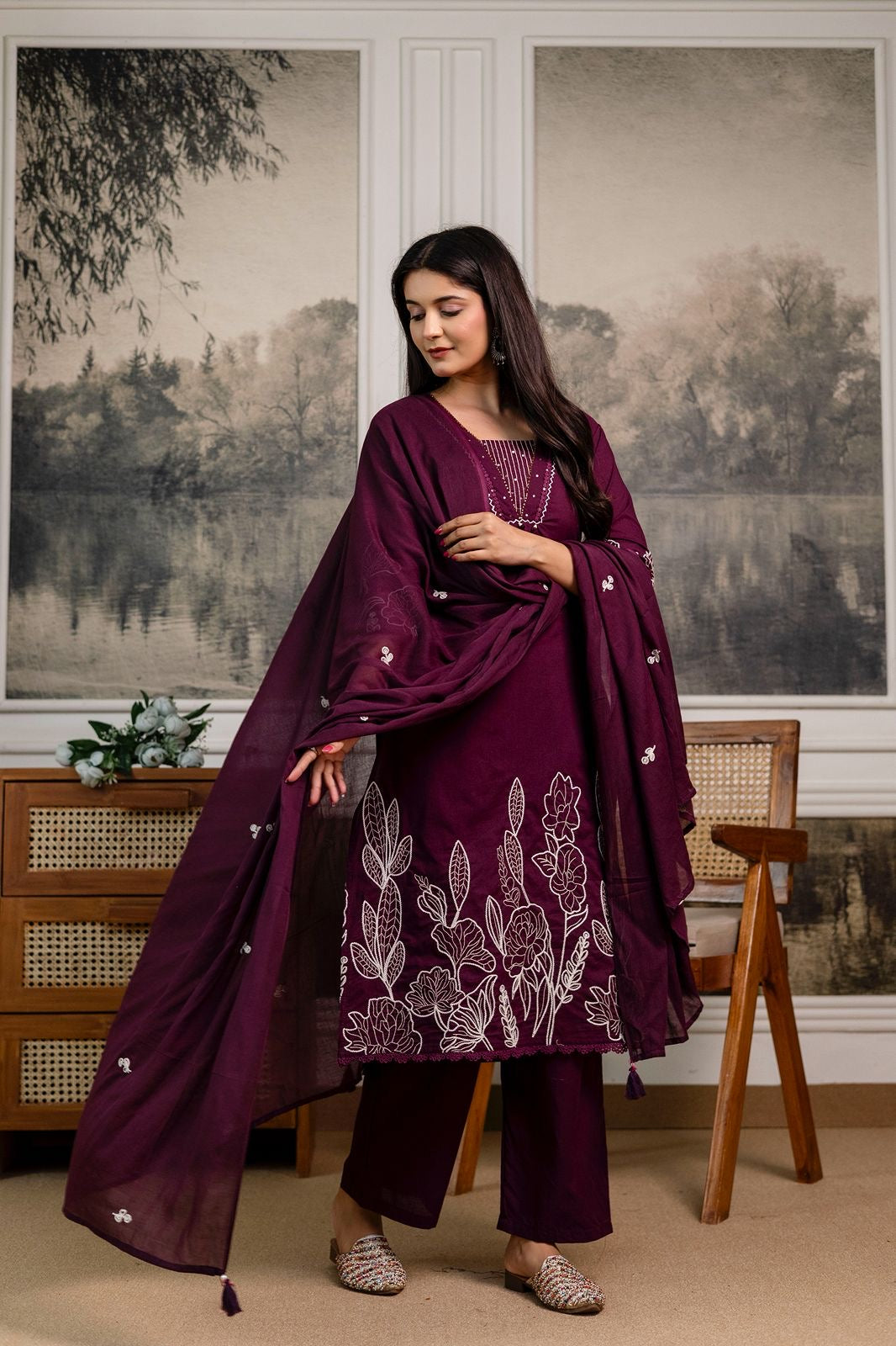 Wine Cotton Embroidered Kurta Set with Palazzo & Dupatta