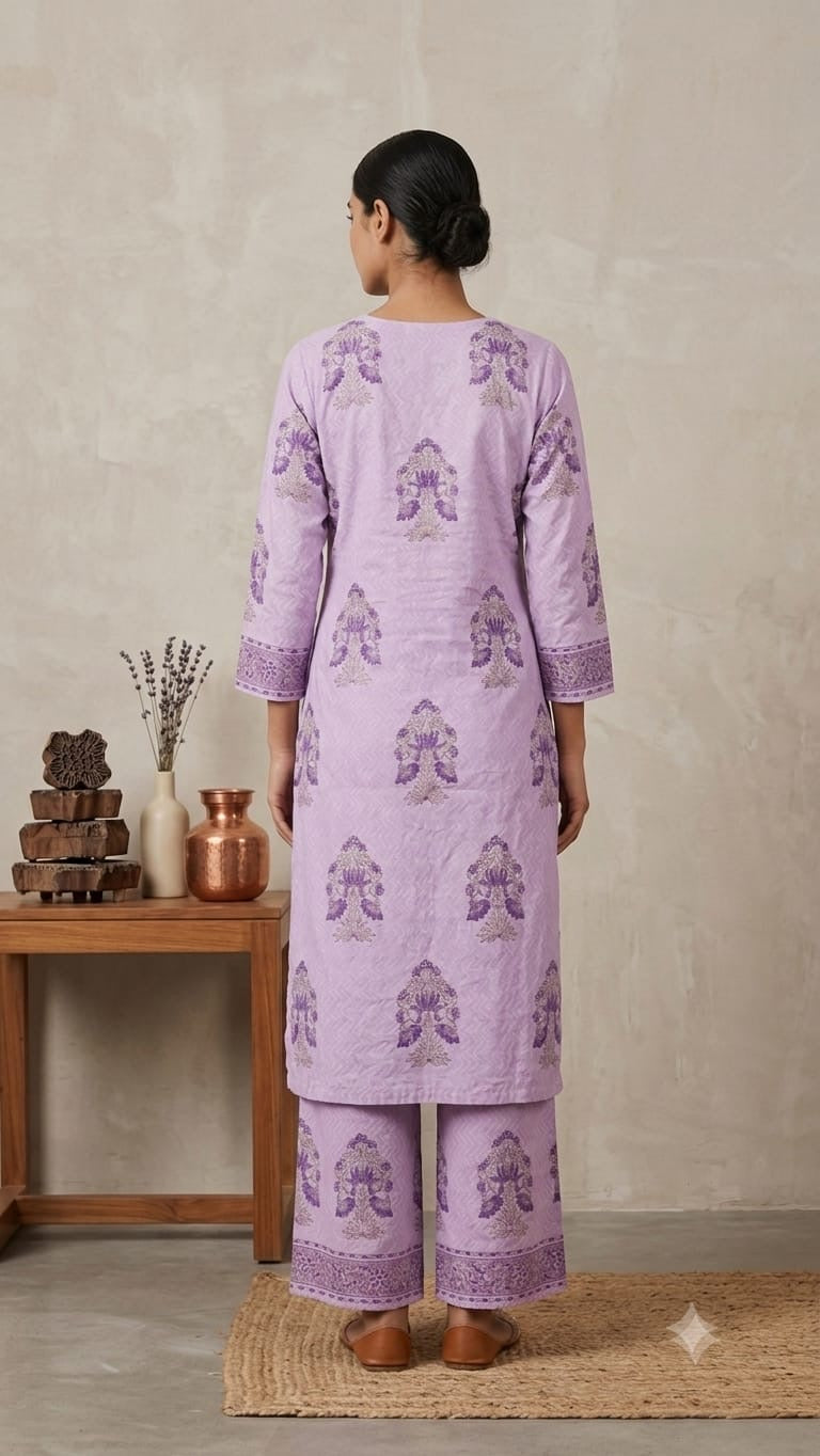 Lavender Hand block Printed Cotton Kurta & Palazzo Set