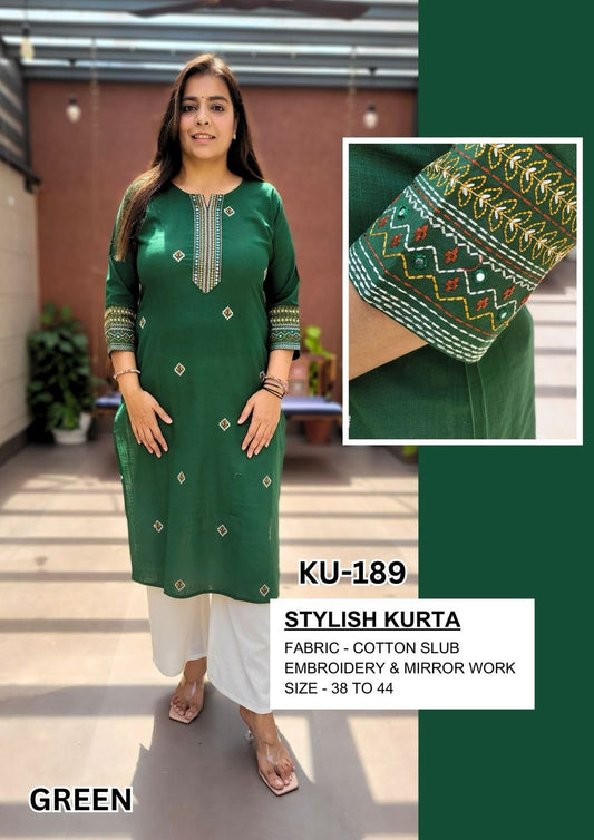 Green Cotton Slub Embroidered Kurta
