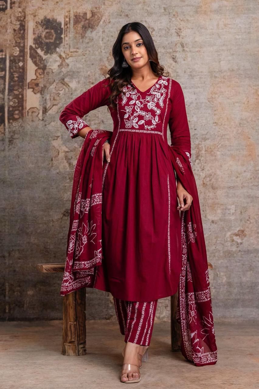 Wine Cotton Embroidered Flared Kurta Set
