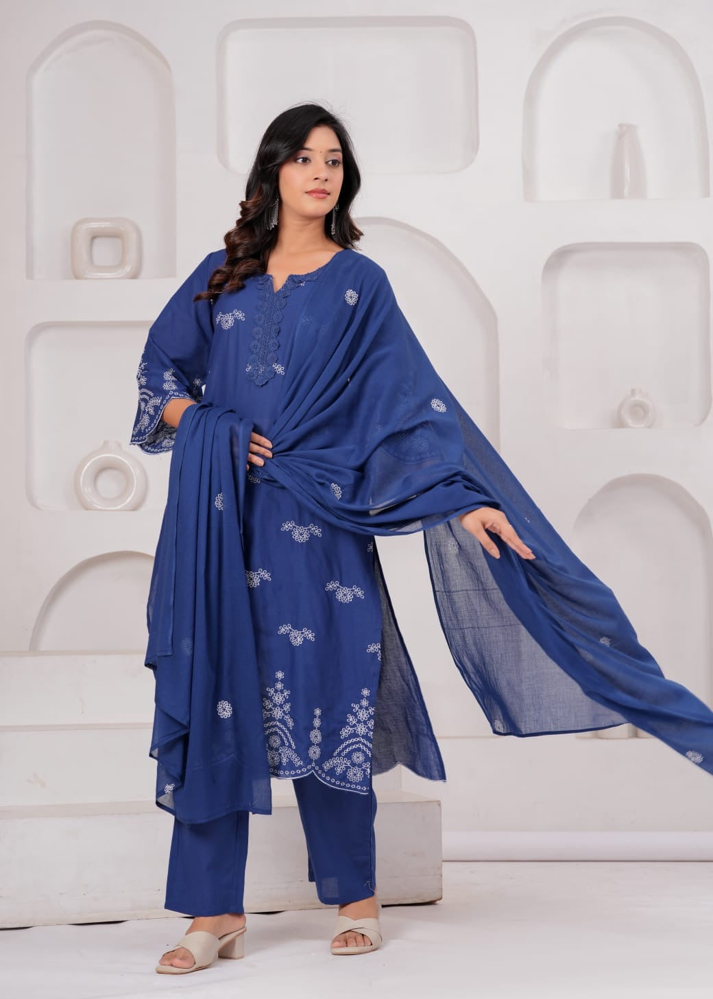 Royal Blue Cotton Embroidered Kurta Set