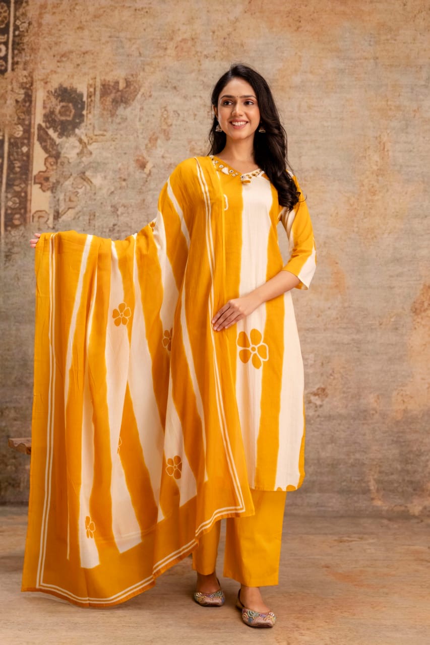 Mustard Cotton Printed Kurta Set