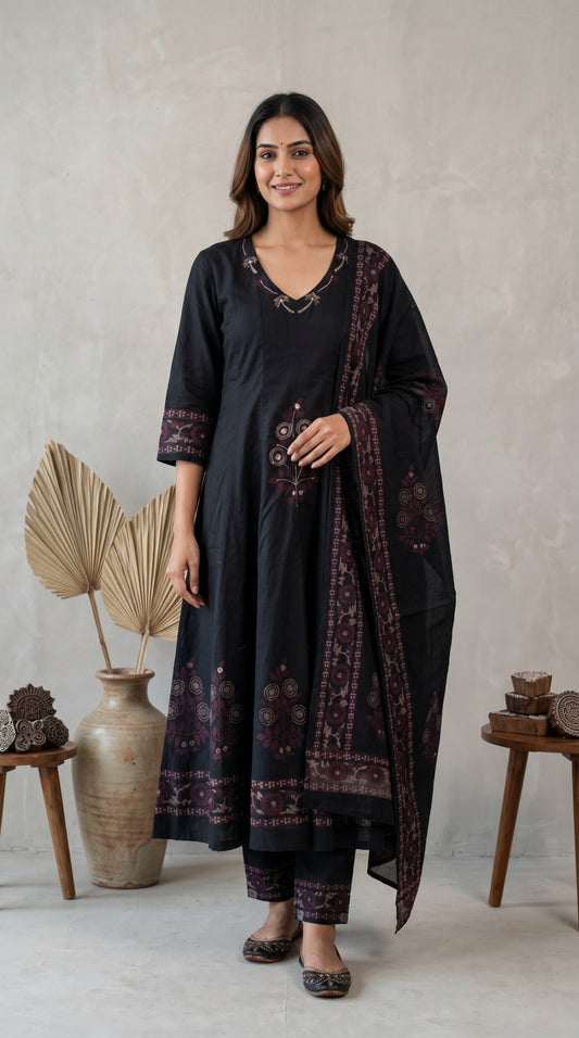 Black Handblock Printed Anarkali 3-Piece Set