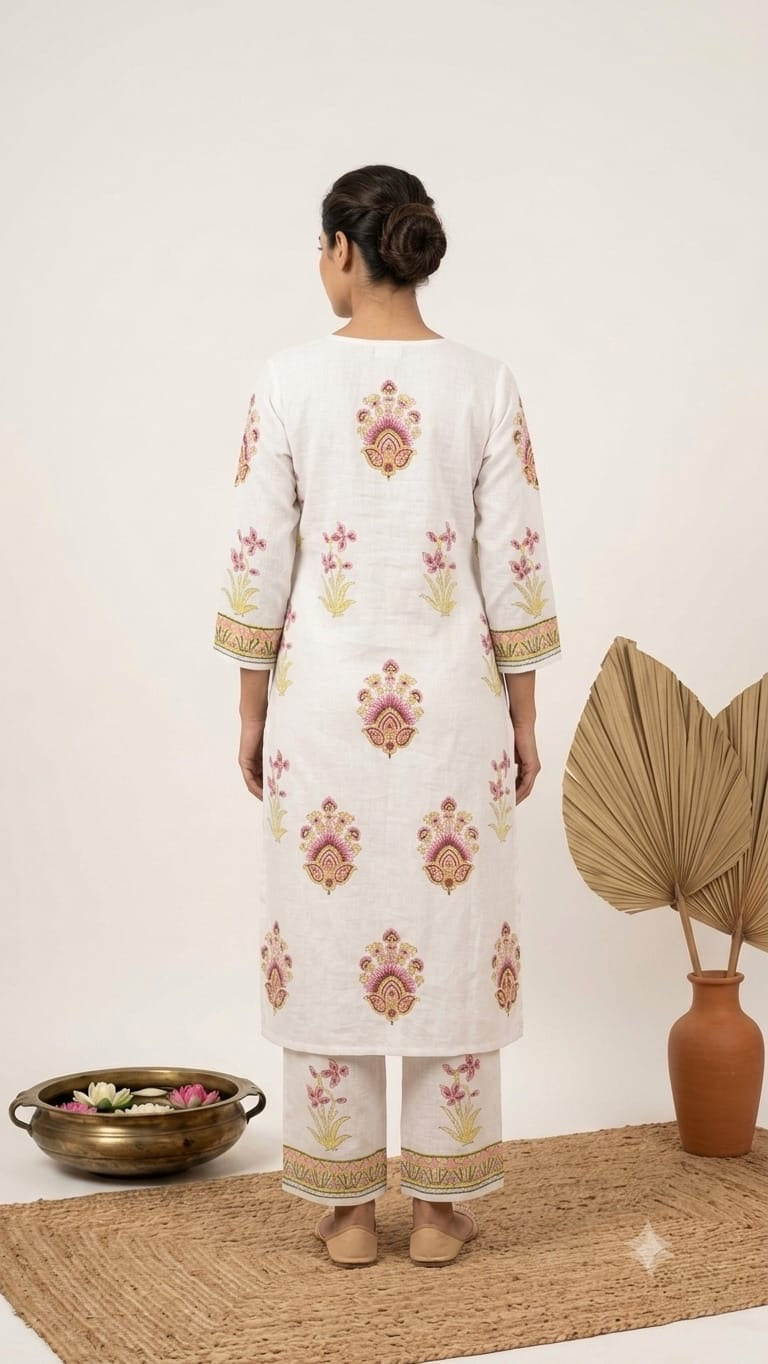 White Handblock Printed Cotton Kurta & Palazzo Set