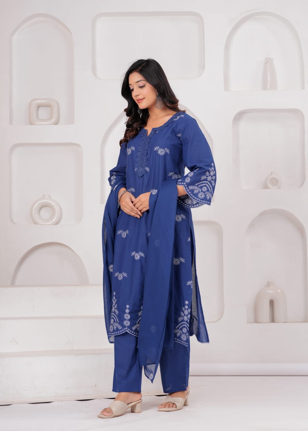 Royal Blue Cotton Embroidered Kurta Set