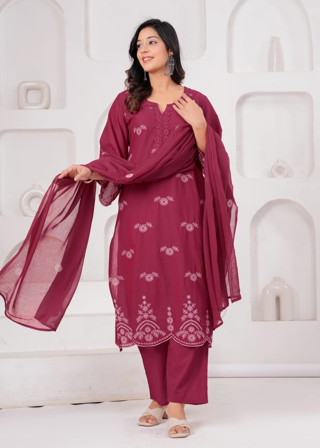 Wine Cotton Embroidered Kurta Set