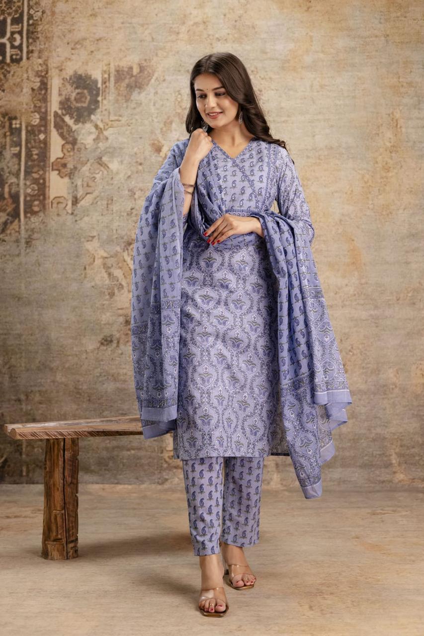 Pastel Blue Printed Cotton Kurta set