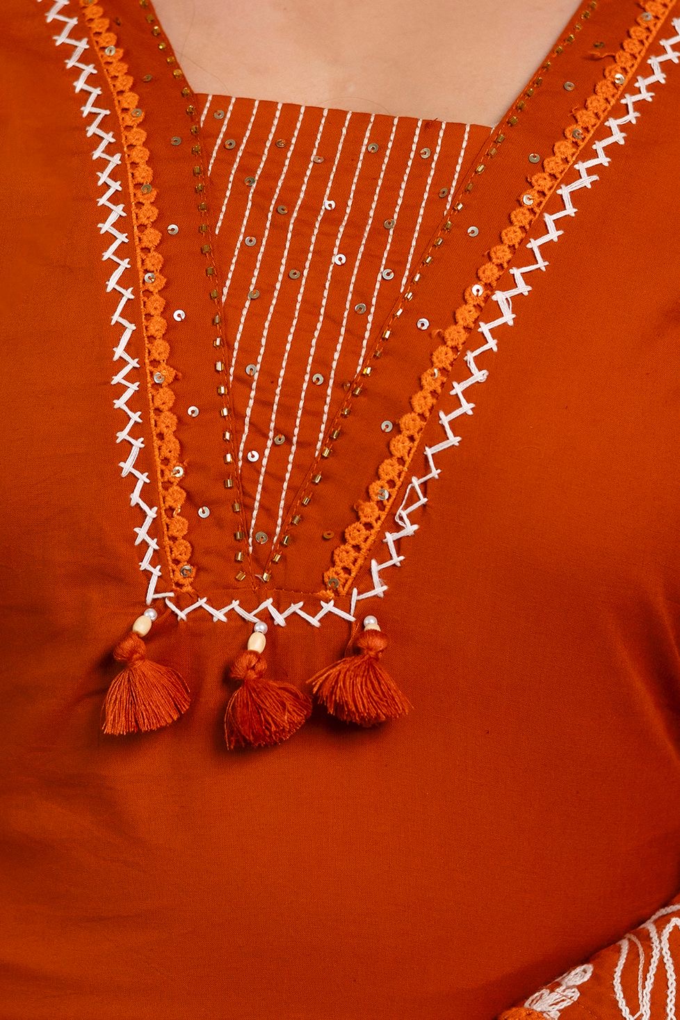Rust Orange Cotton Embroidered Kurta Set with Palazzo & Duppatta