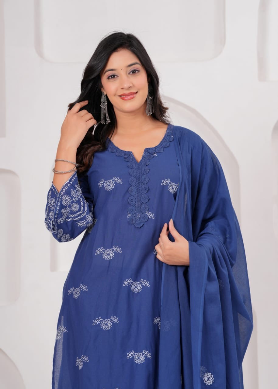 Royal Blue Cotton Embroidered Kurta Set