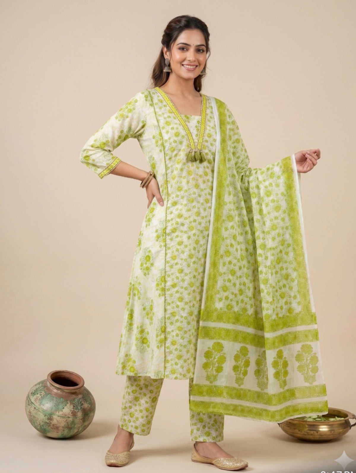 Pista Green Floral Printed Cotton A-Line Kurta Set