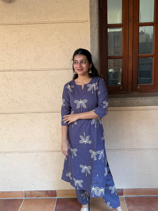Blue Printed Flex Cotton Kurta Set with Matching Pants
