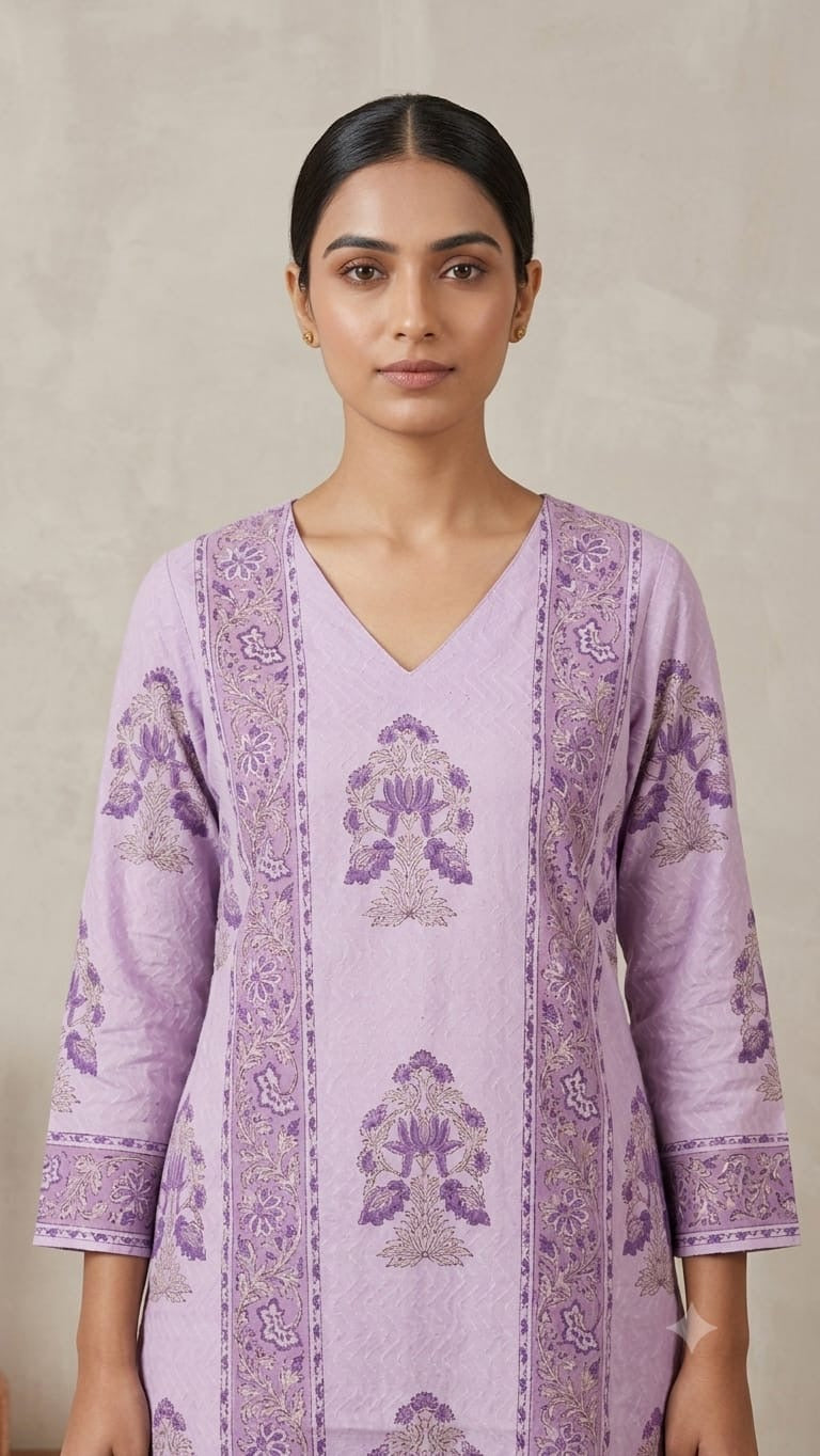 Lavender Hand block Printed Cotton Kurta & Palazzo Set