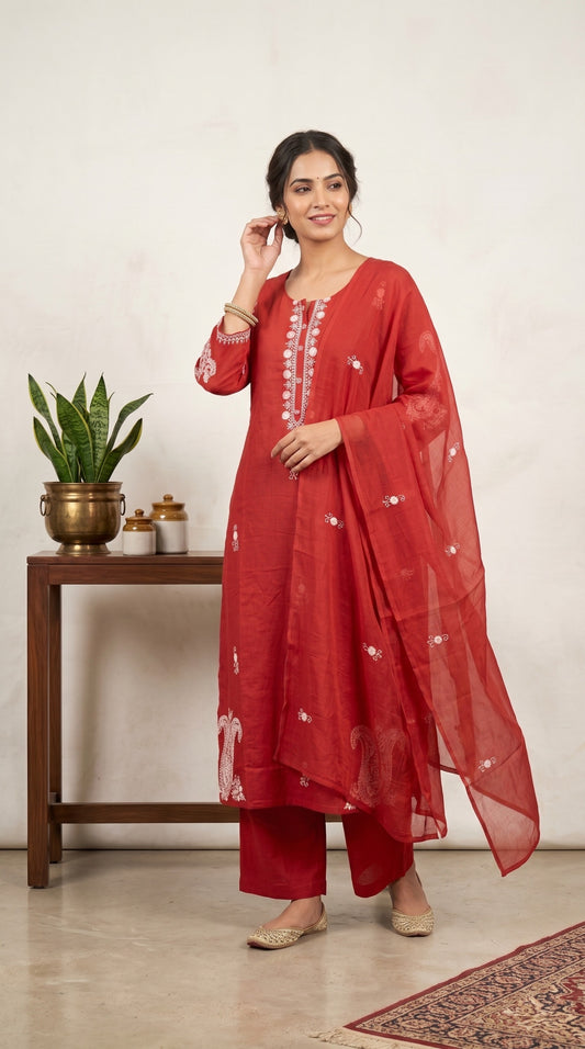 Rust Orange Cotton Flex Embroidered 3-Piece Kurta Set with Dupatta