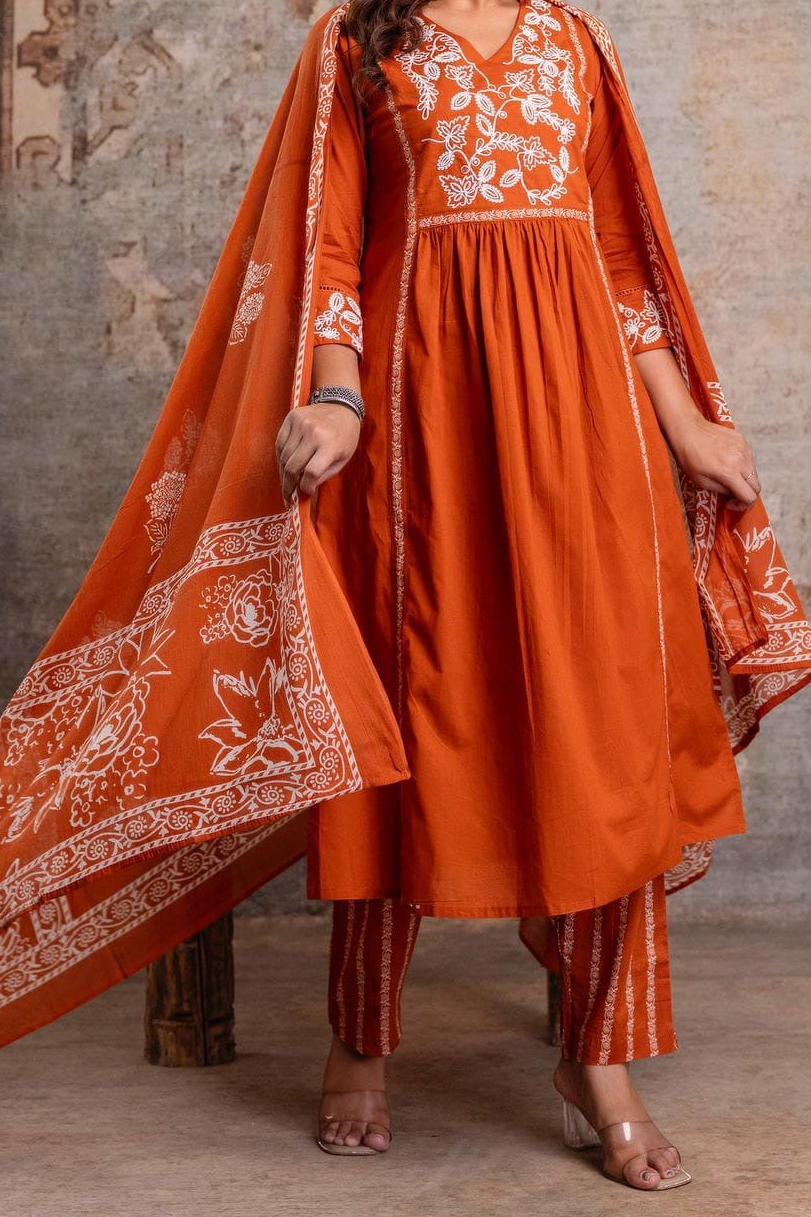 Rust Orange Cotton Embroidered Flared Kurta Set