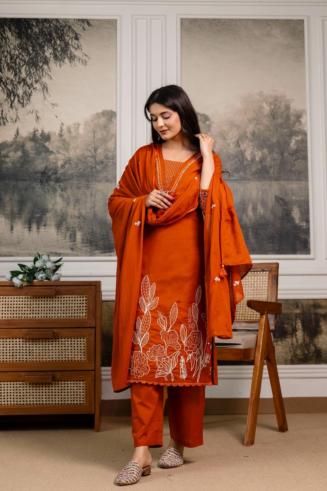 Rust Orange Cotton Embroidered Kurta Set with Palazzo & Duppatta