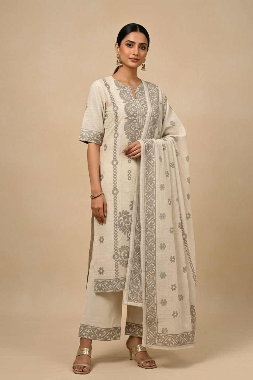 Ivory and Grey-Brown Pure Linen Printed Kurta Set