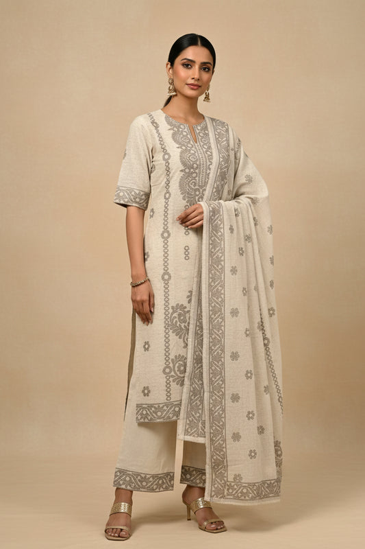 Ivory and Grey-Brown Pure Linen Printed Kurta Set