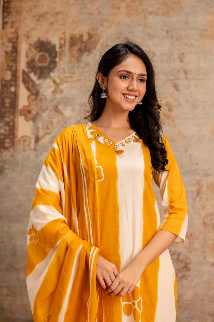 Mustard Cotton Printed Kurta Set