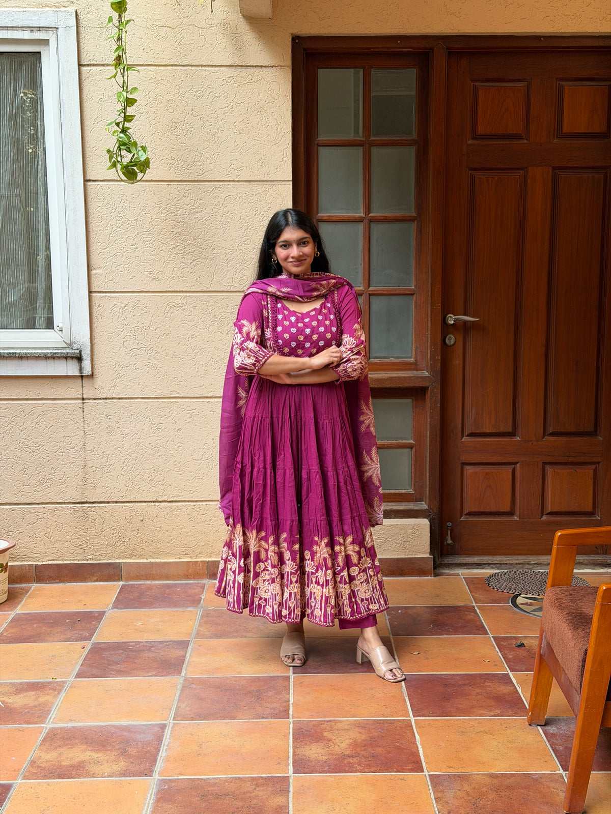 Magenta Printed Mul Cotton Anarkali 3-Piece Set
