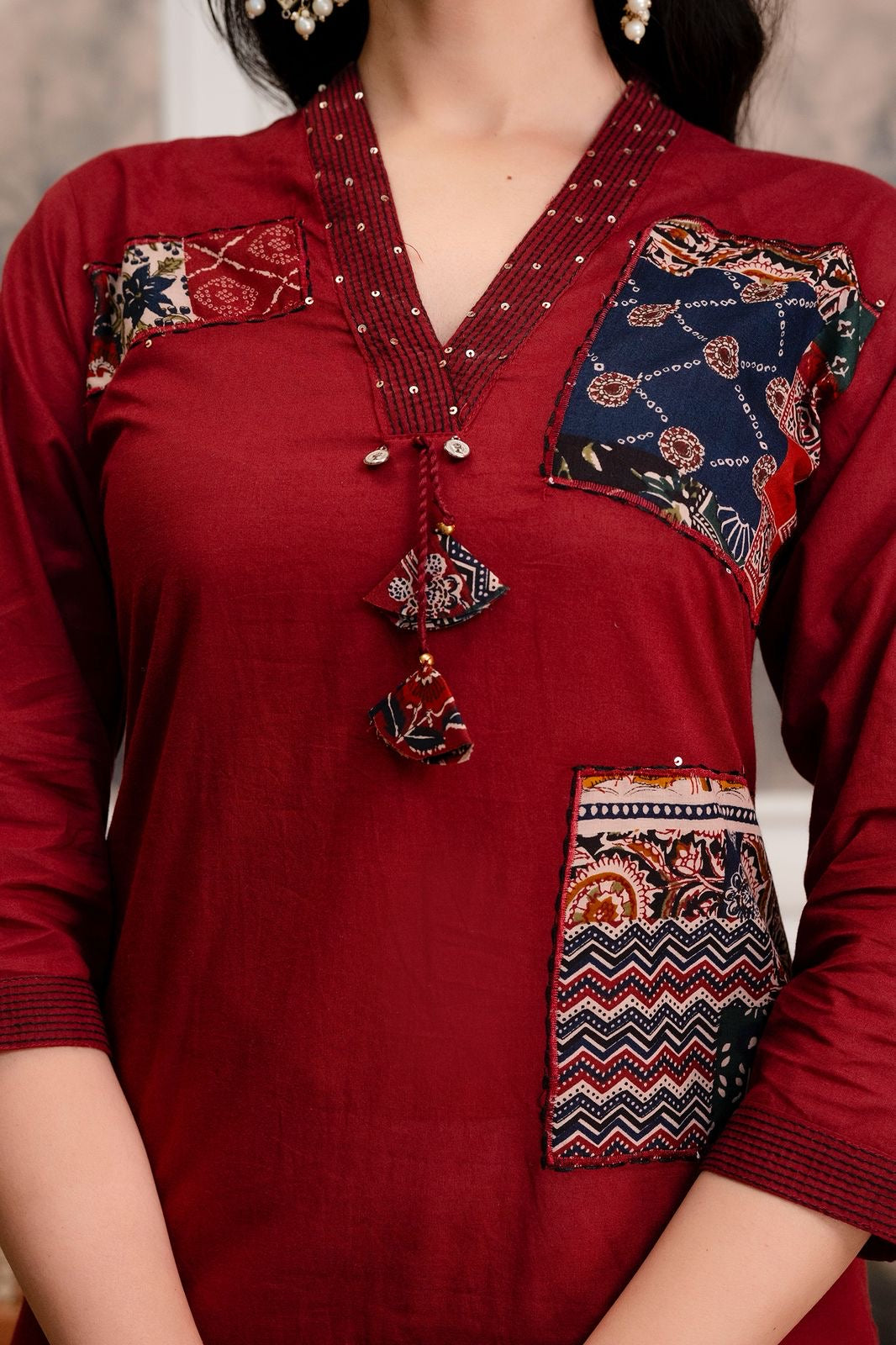 Maroon Patchwork Pure Cotton Kurta Set