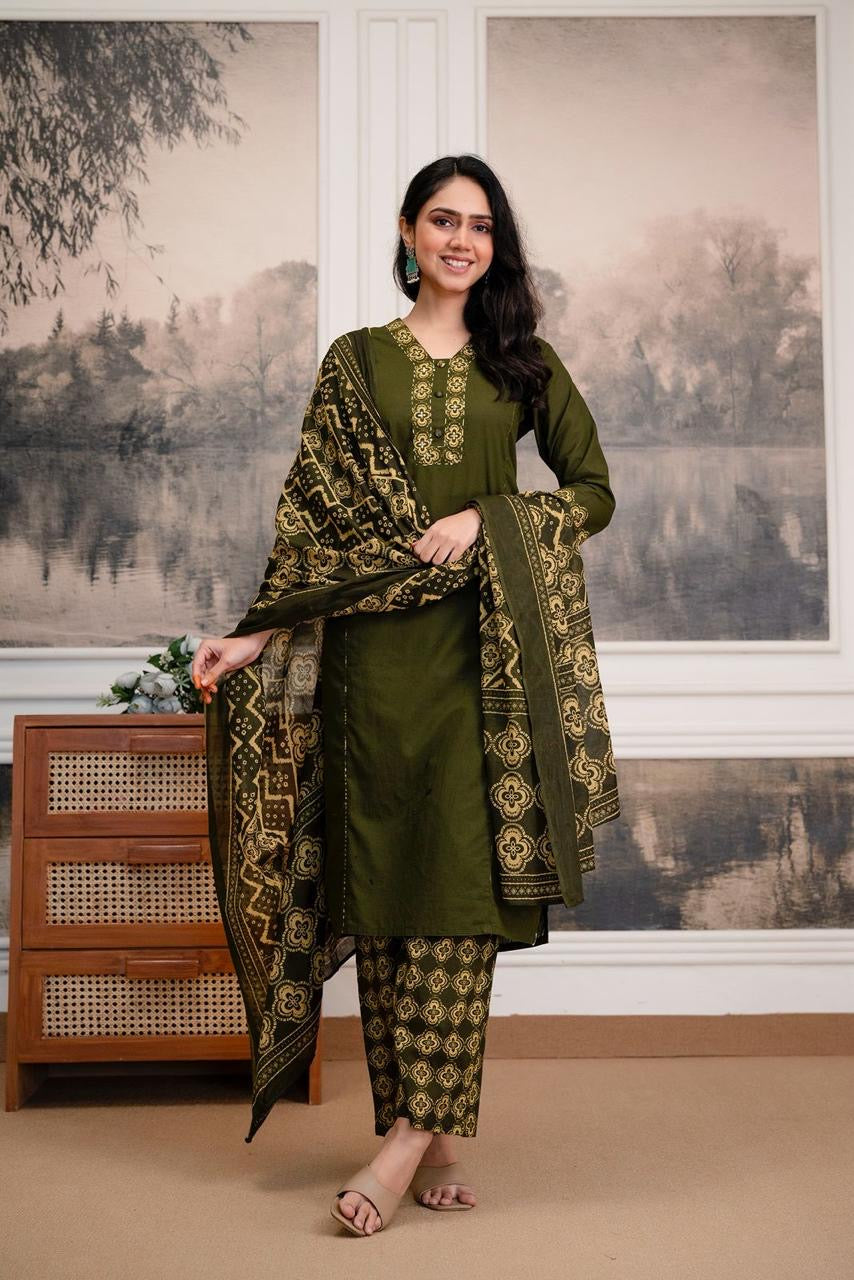 Olive Green Printed Cotton Kurta set