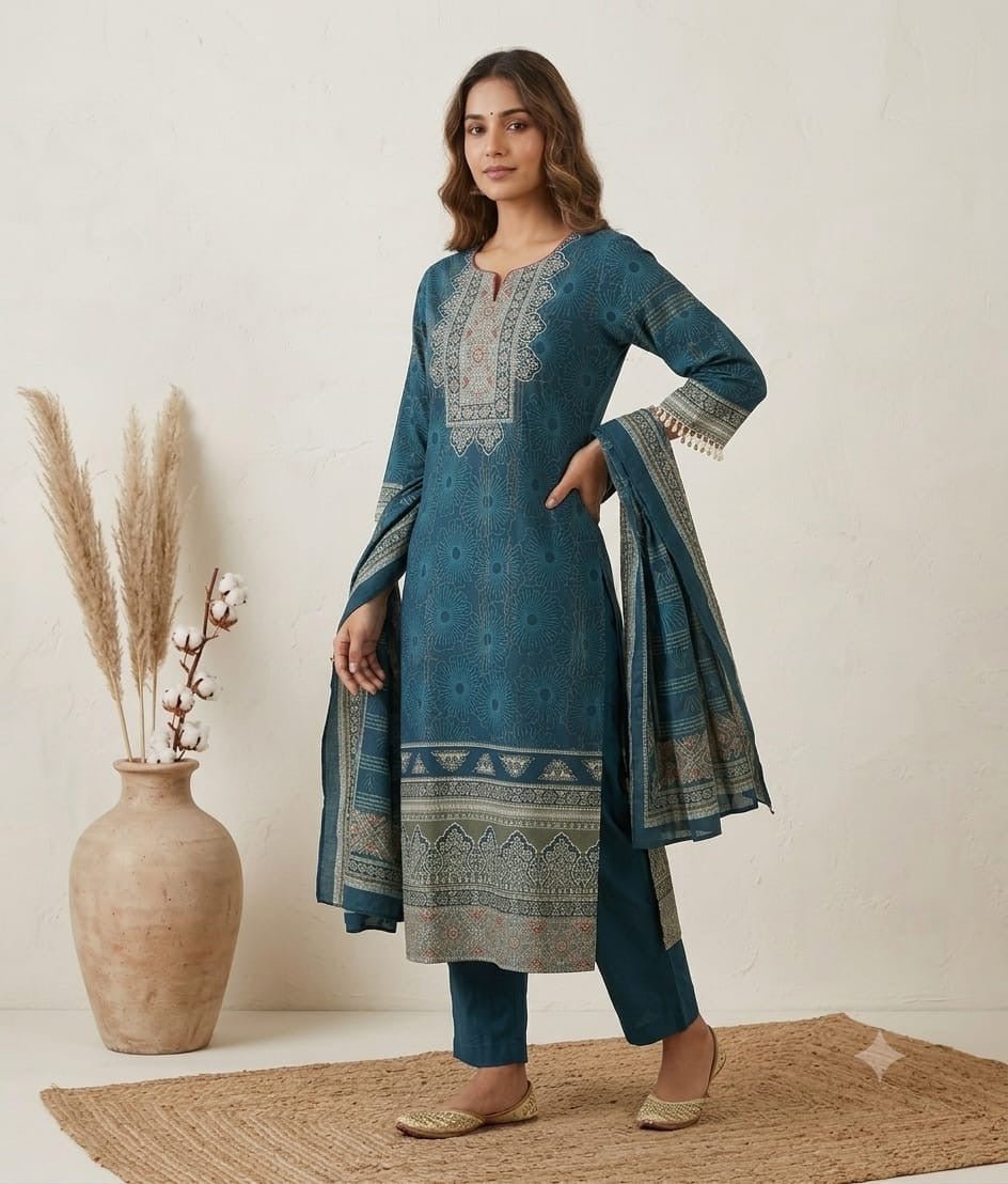 Teal Blue Printed Cotton Kurta Set with Pearl Sleeve Detailing
