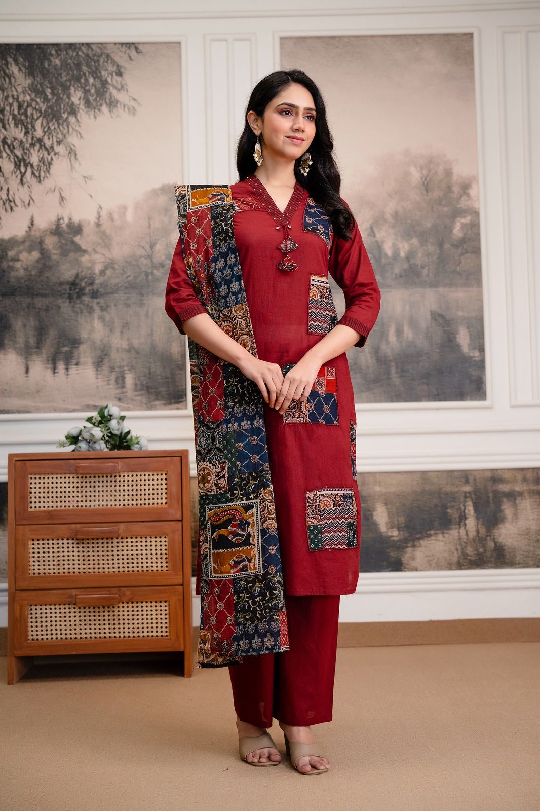 Maroon Patchwork Pure Cotton Kurta Set