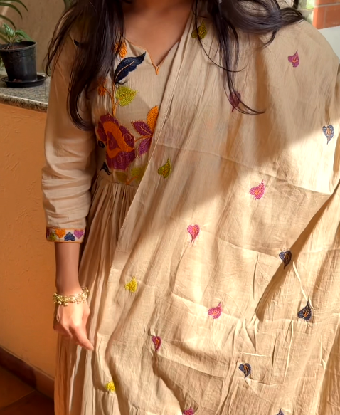 Beige Floral Embroidered Pure Cotton Anarkali Set